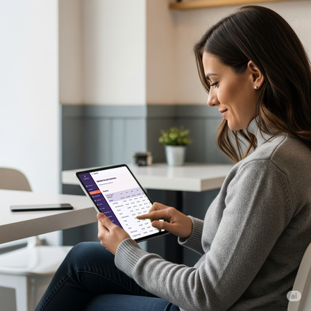Pessoa utilizando o SyncFin em um tablet, demonstrando organização e controle financeiro